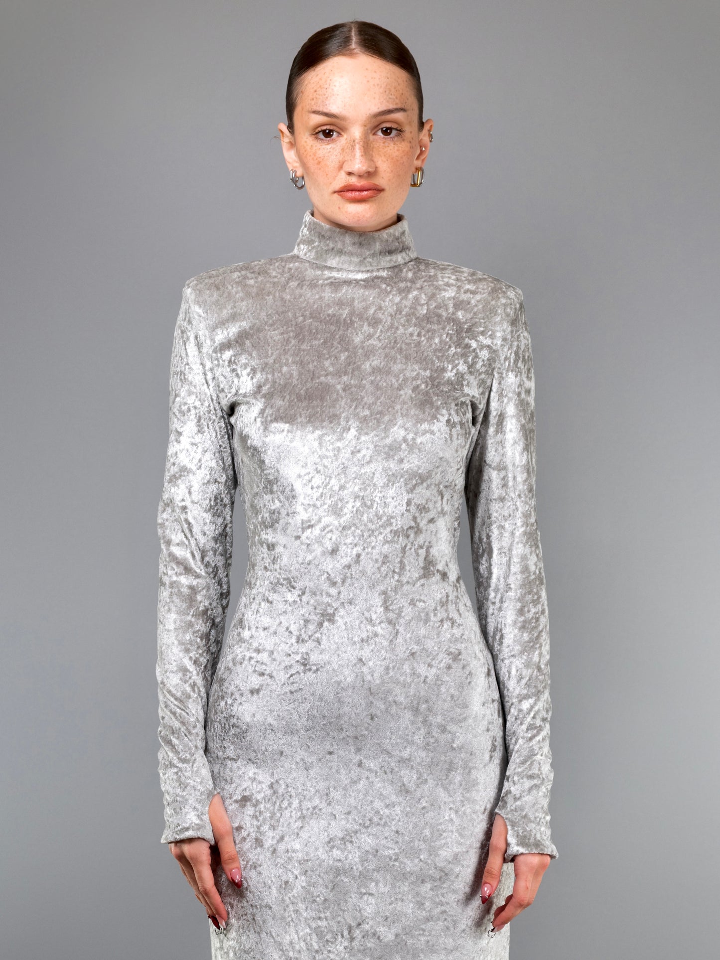 0000 GREY VELVET EVENING DRESS